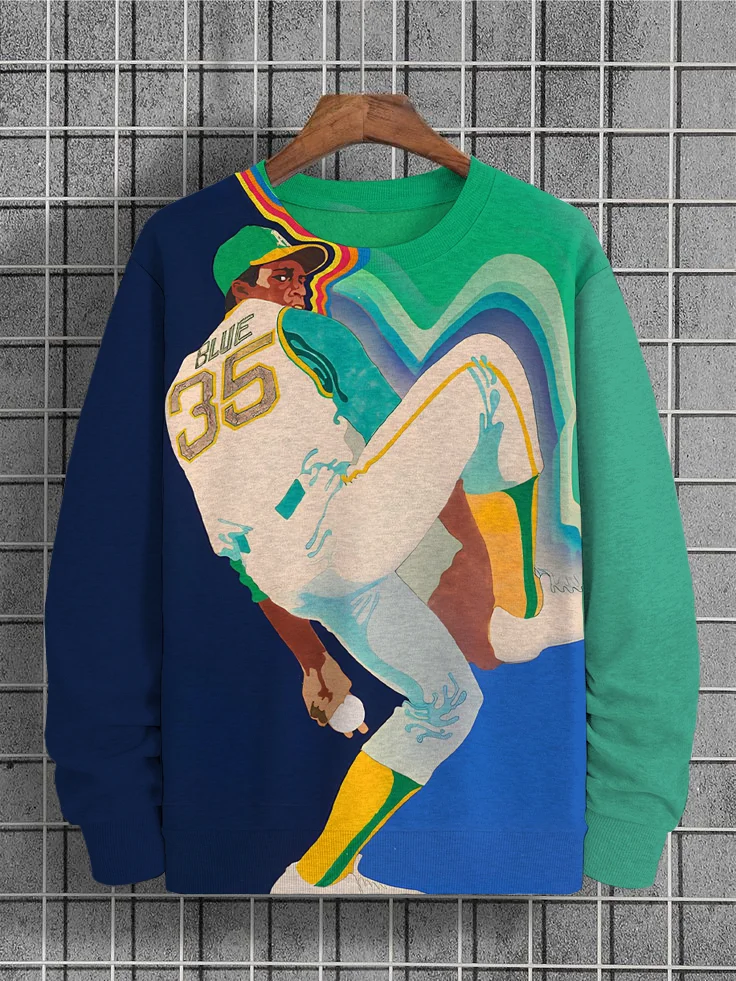 Men's Vintage Baseball Color Block Print Casual Sweatshirt