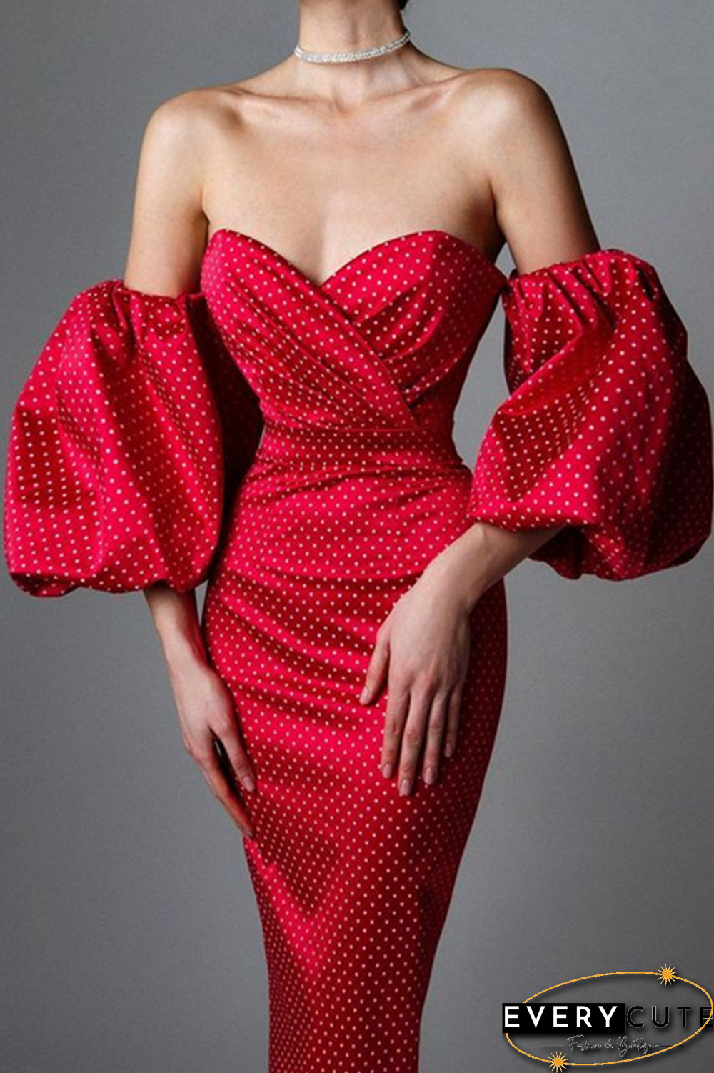 Fashion Elegant Polka Dot Slit Fold Strapless Pencil Skirt Dresses