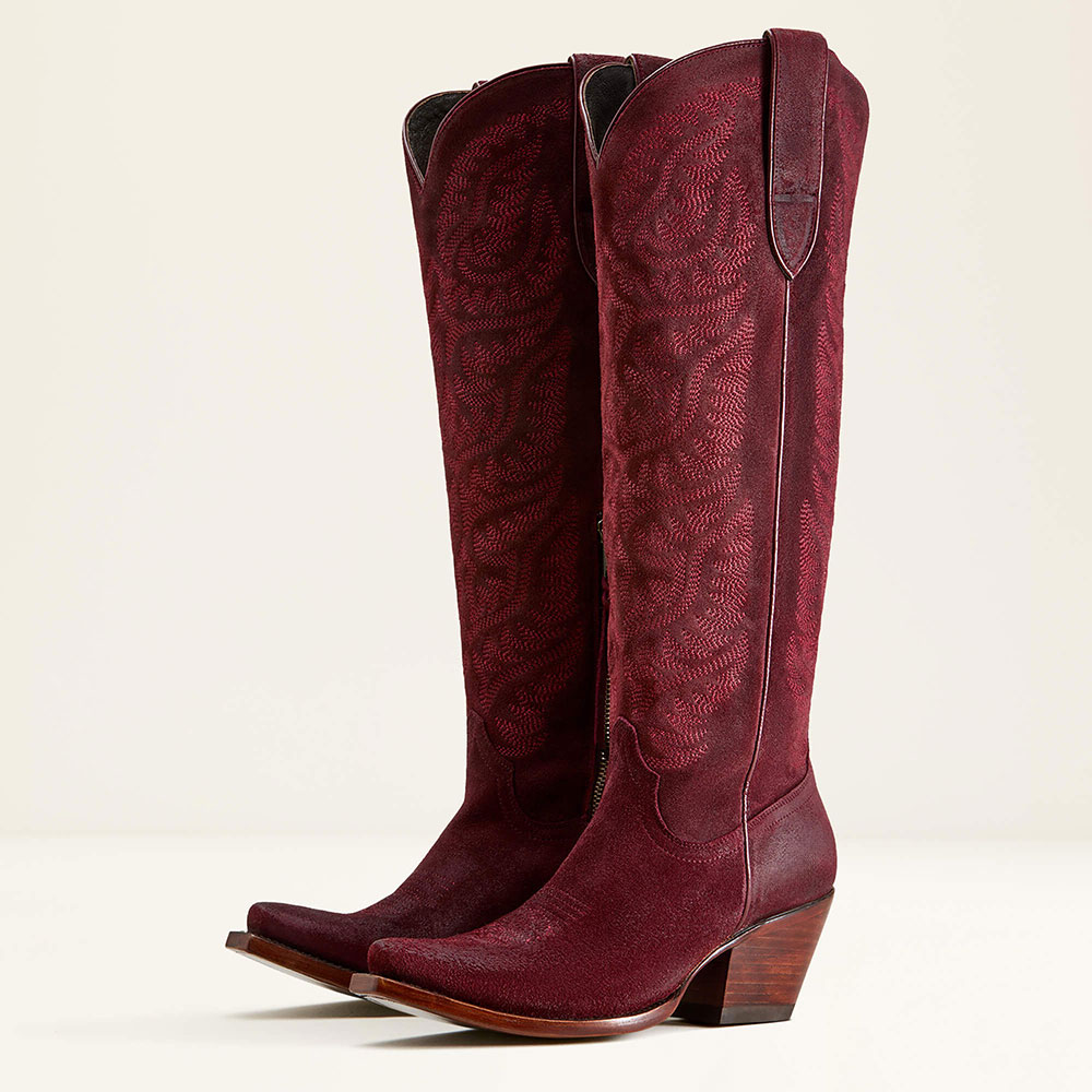 Maroon Embroidered Chunky Heel Knee-High Cowgirl Boots with Side Zip Nicepairs