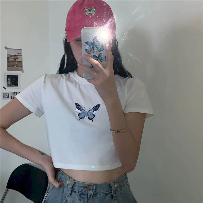Short T Shirt Women Tshirt New Butterfly Short-sleeved T-shirt Students Korean Bf Windclothes Trend Punk Goth Clothes  Y2k Top