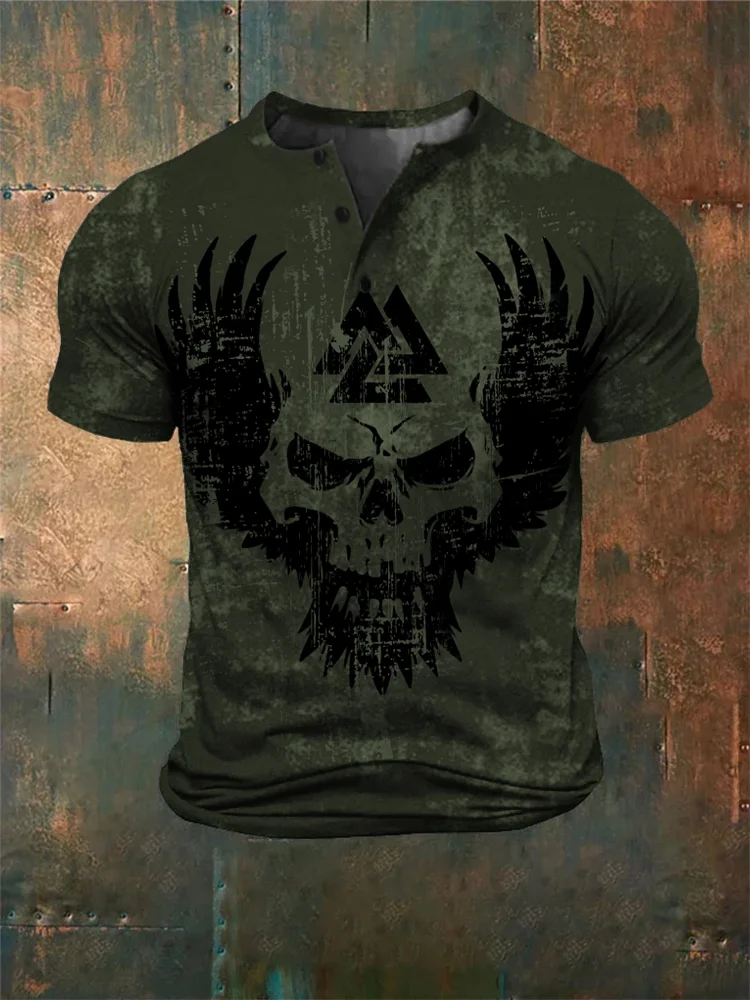 Broswear Men's Viking Skull Eagle Washed Distressed Print Henley Shirt