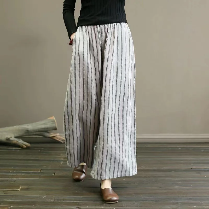 Uveng Uveng Summer New Striped Cotton Broad Legs Tight Waist Cover Meat Thin Harun Pants Women's Loose Leisure Pants