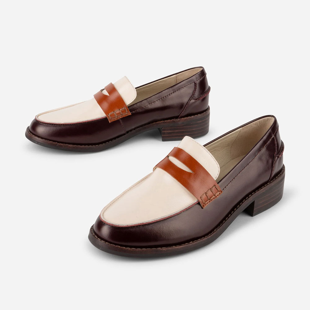 Maroon and Ivory Chunky Heel Slip-On Round Toe Women's Loafers Nicepairs