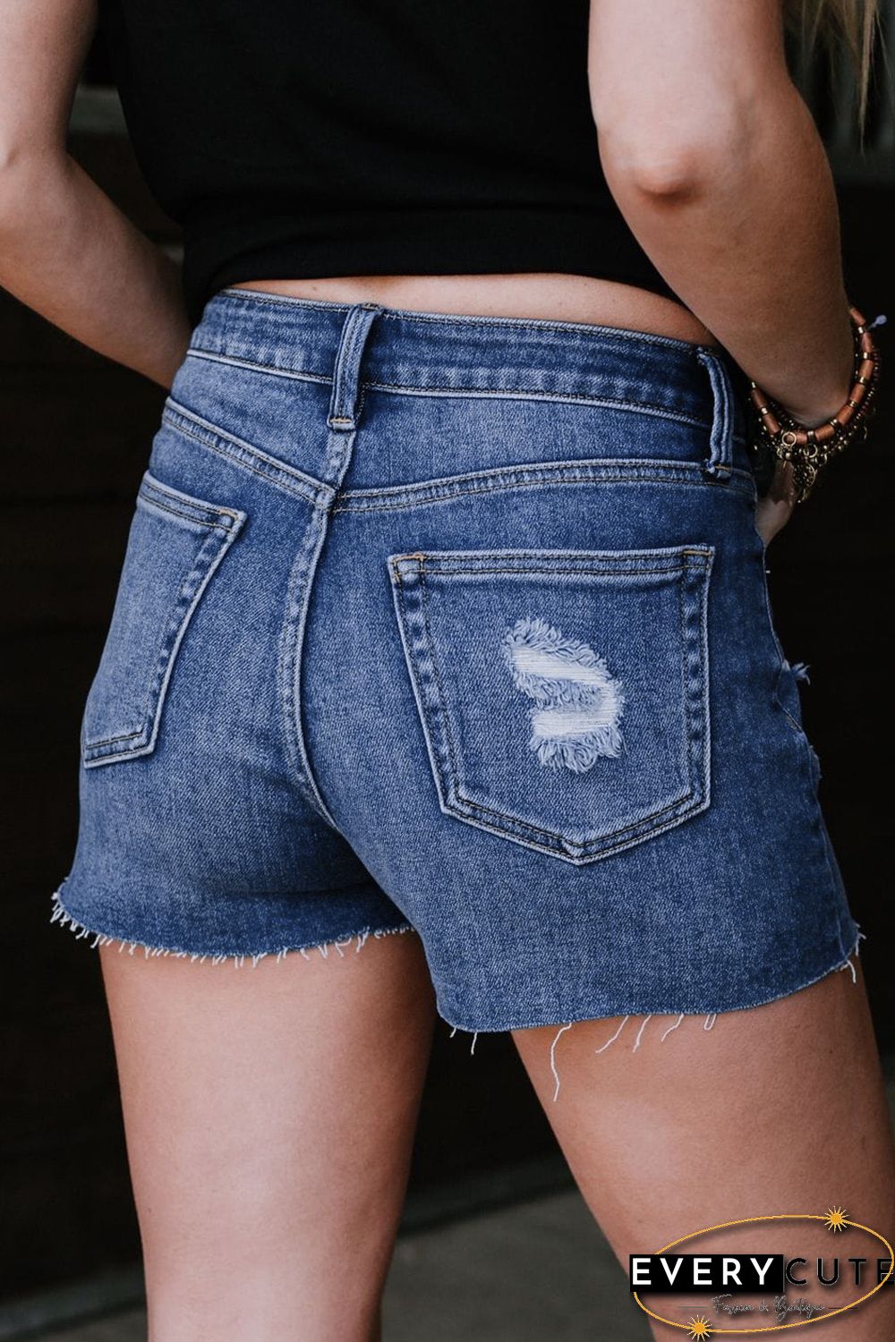 High Rise Distressed Denim Shorts with Pockets