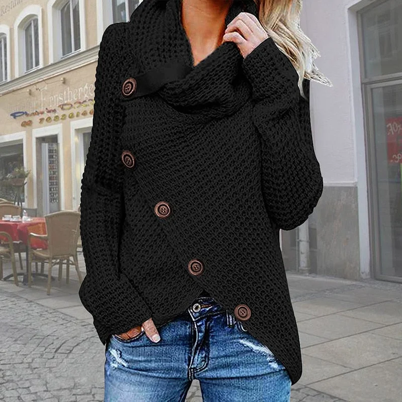 2021 Vintage Oversize Sweaters Women Solid Long Sleeve Button Scarf Collar Jumper Tops Autumn Winter Thick Fashion Pullovers