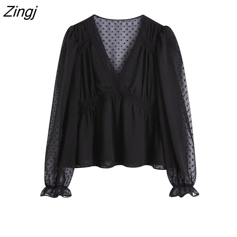 Zingj Women Fashion V Neck Lace Patchwork Black Chiffon Smock Blouse Female Pleats Casual Shirts Chic Kimono BlusasTops LS2378