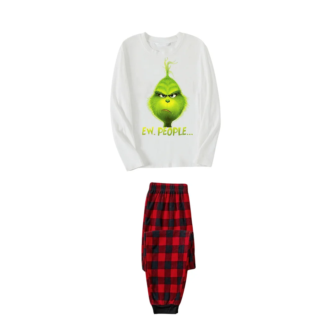 Christmas Cartoon Pattern and EW People Print White Long Sleeve with Black&Red Plaid Pants Family Matching Pajamas