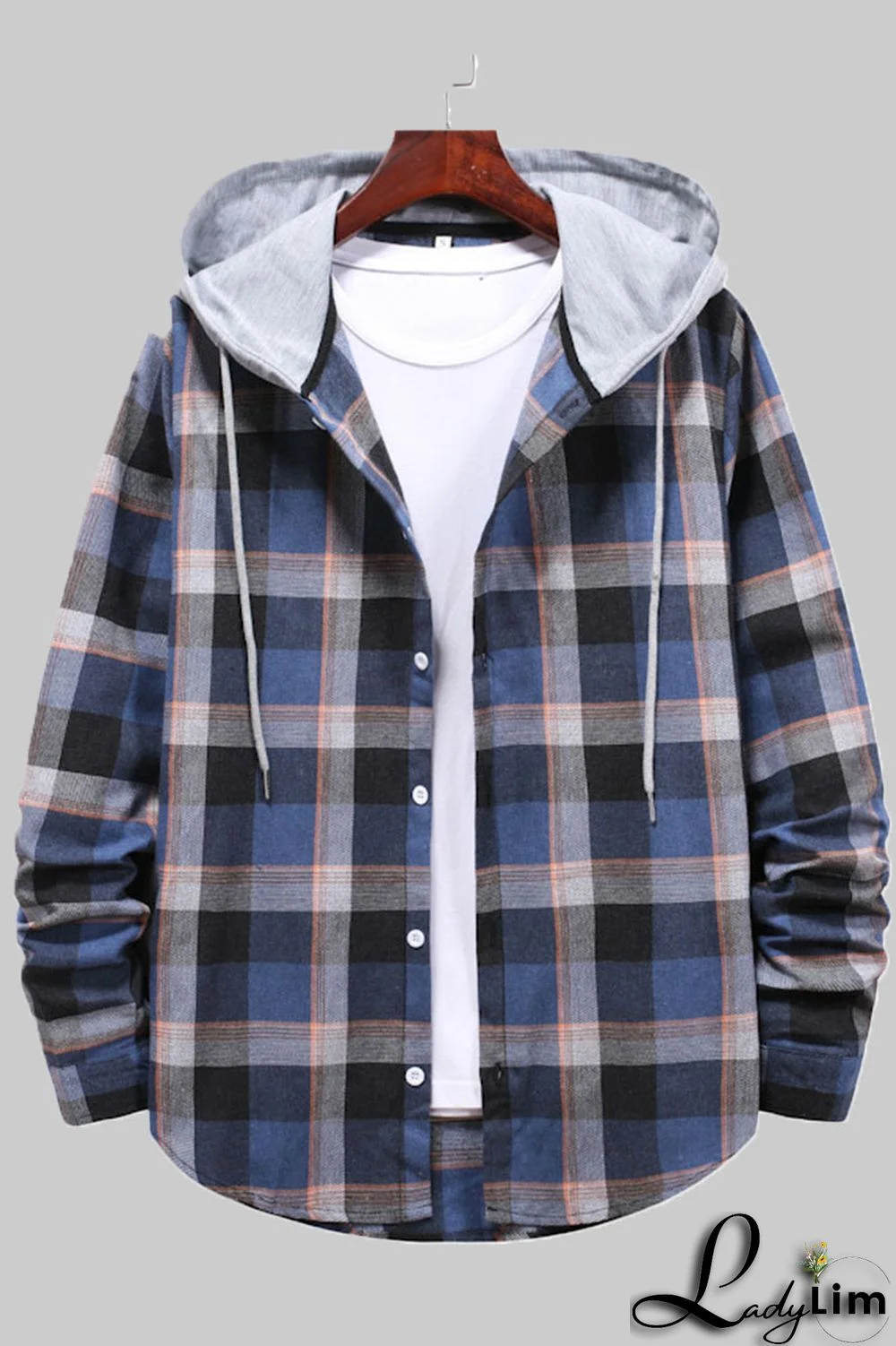 Blue Fashion Casual Plaid Split Joint Hooded Collar Outerwear