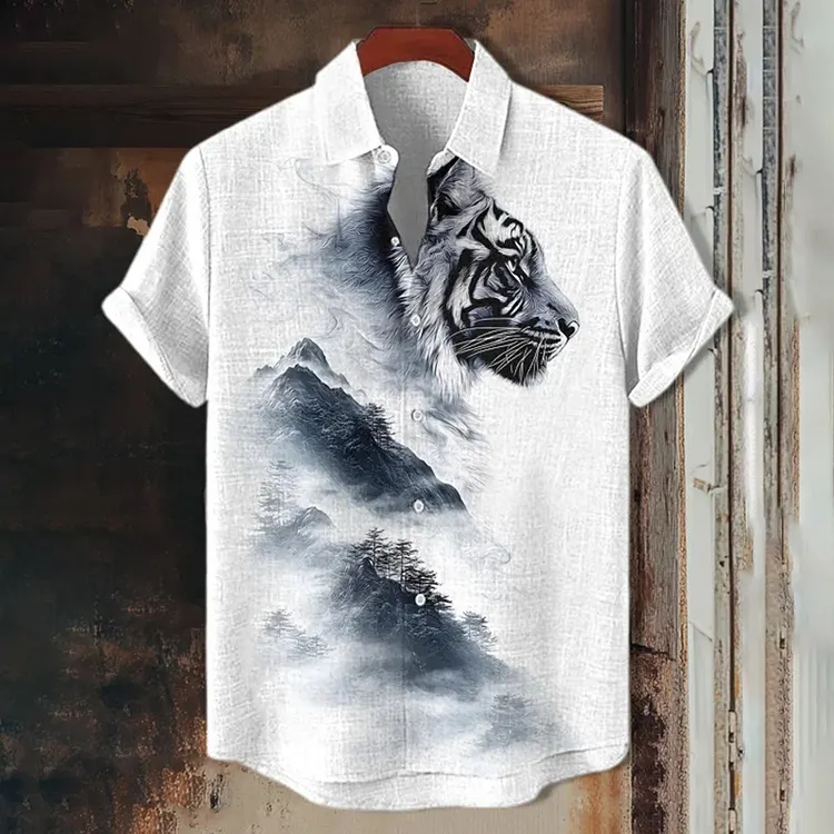 Men's Retro Mountain Landscape Tiger Print Shirt