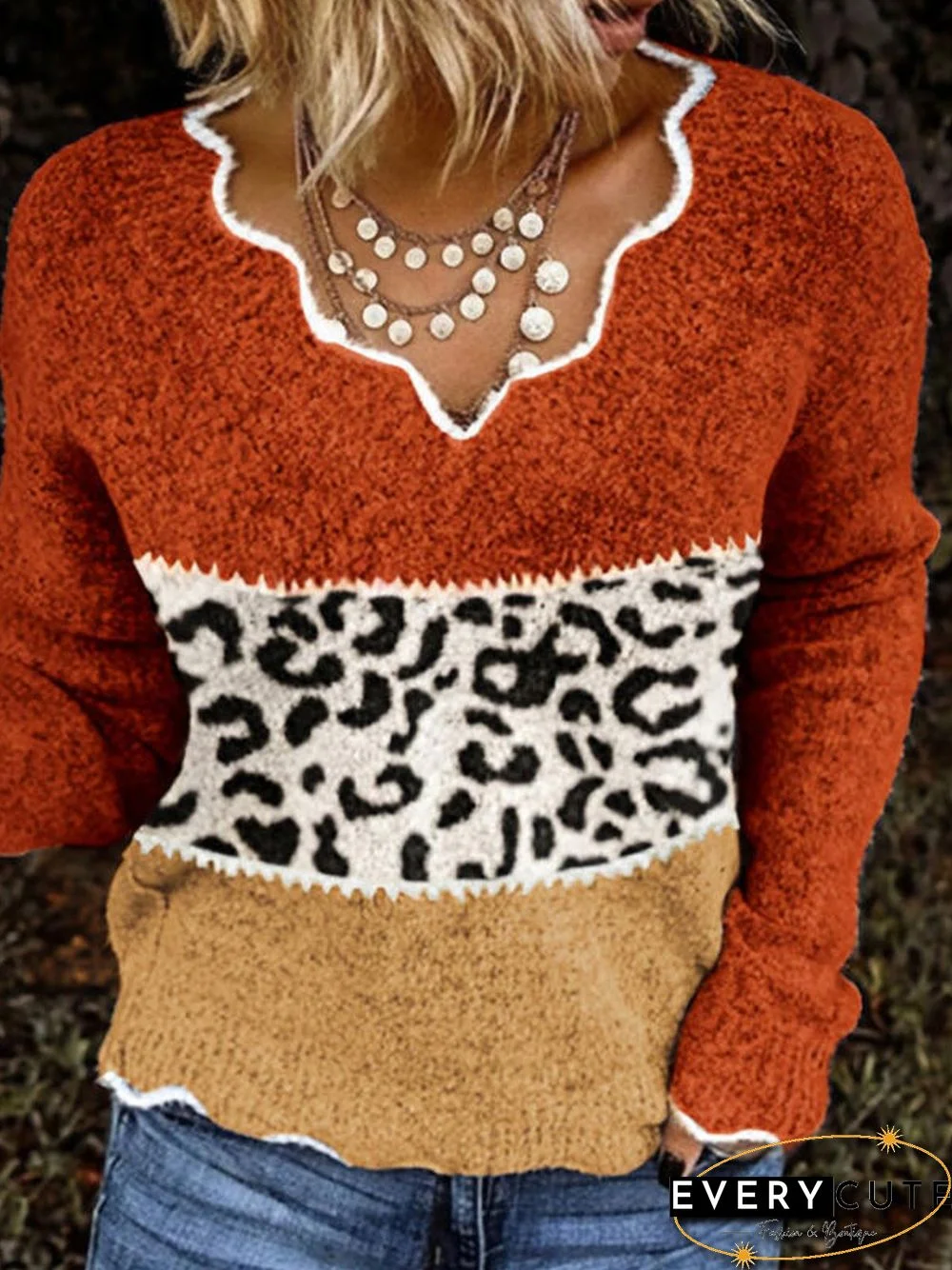 Orange Long Sleeve Color-Block Sweater