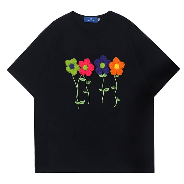 3D Blossom Embroidery Loose T-Shirt - Modakawa modakawa