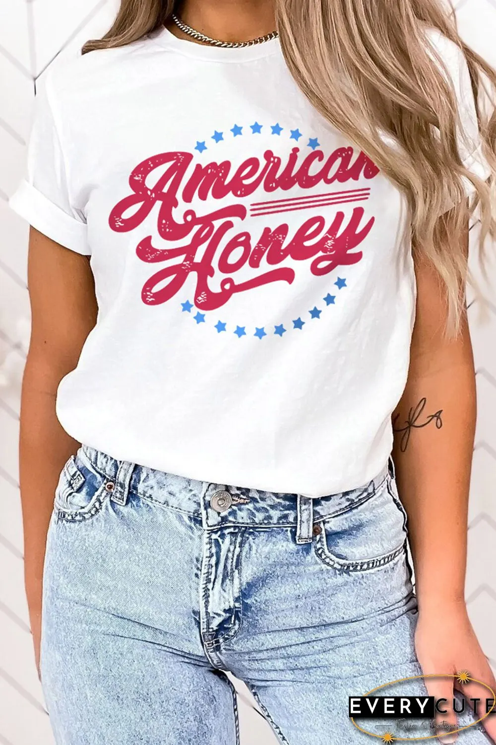 White American Honey Stars Print Short Sleeve Graphic Tee