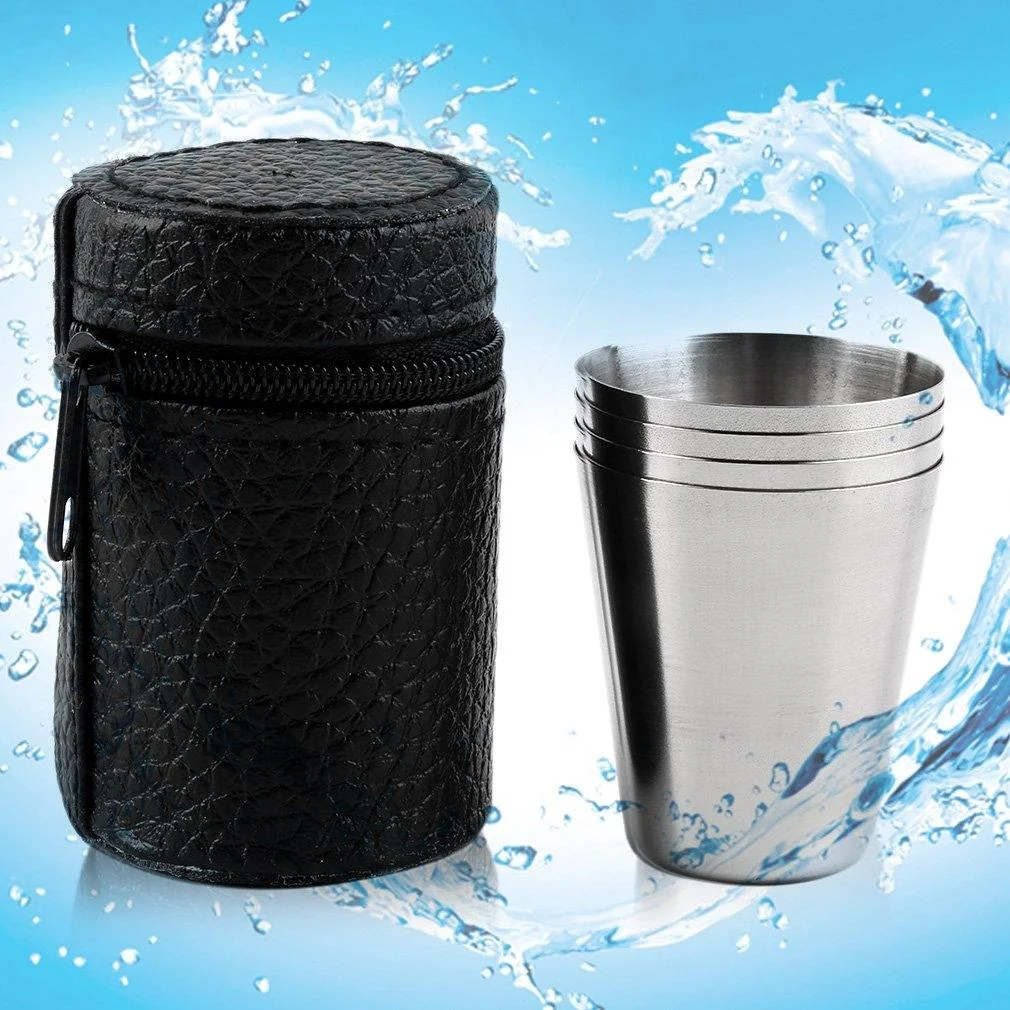 4 in 1 Outdoor Mini Stainless Steel Cup Hiking Camping Travel Portable Drinking Water Cup Set Leather Cup, Color:30ML