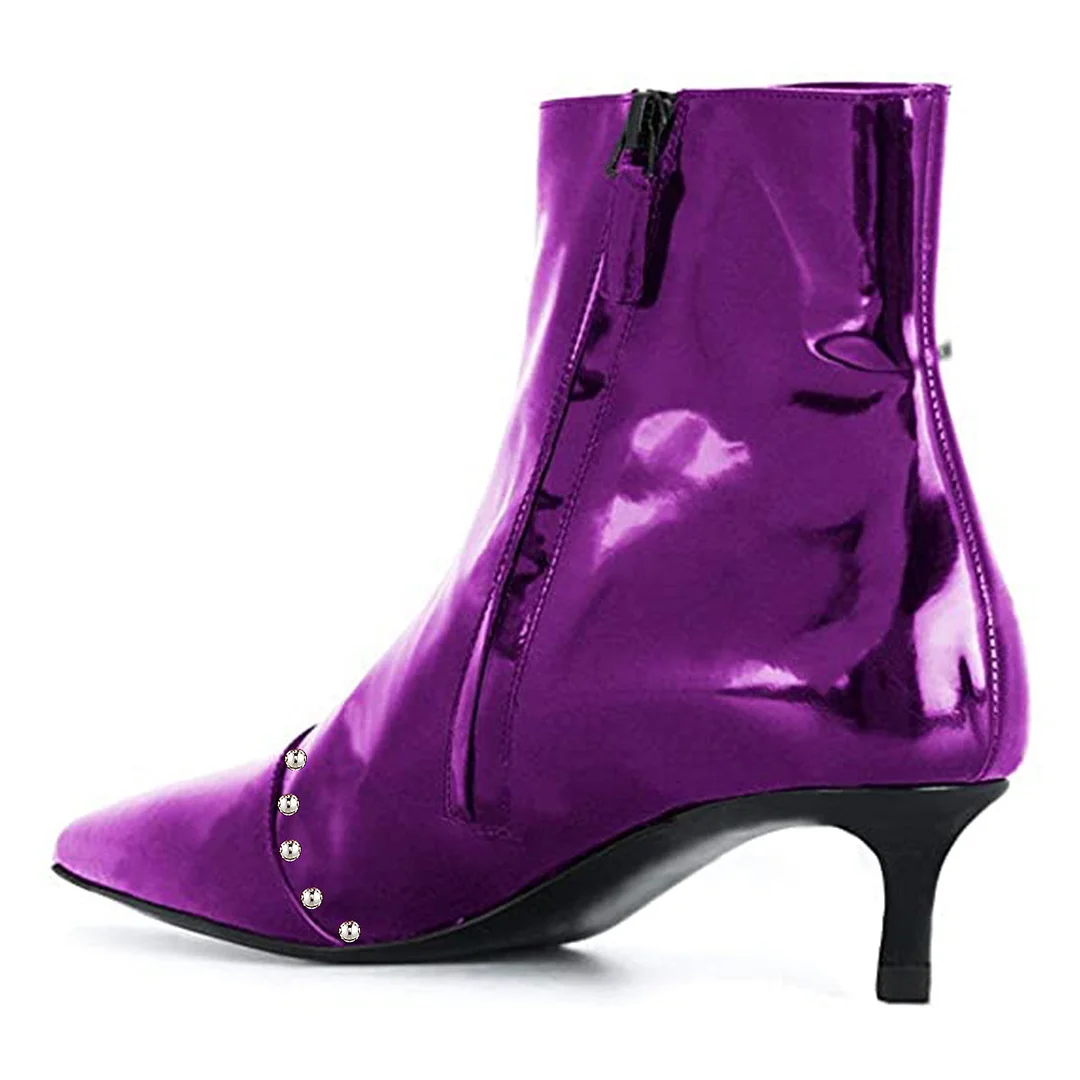 Patent Leather Studded Pointed Toe Kitten Heeled Booties in Purple