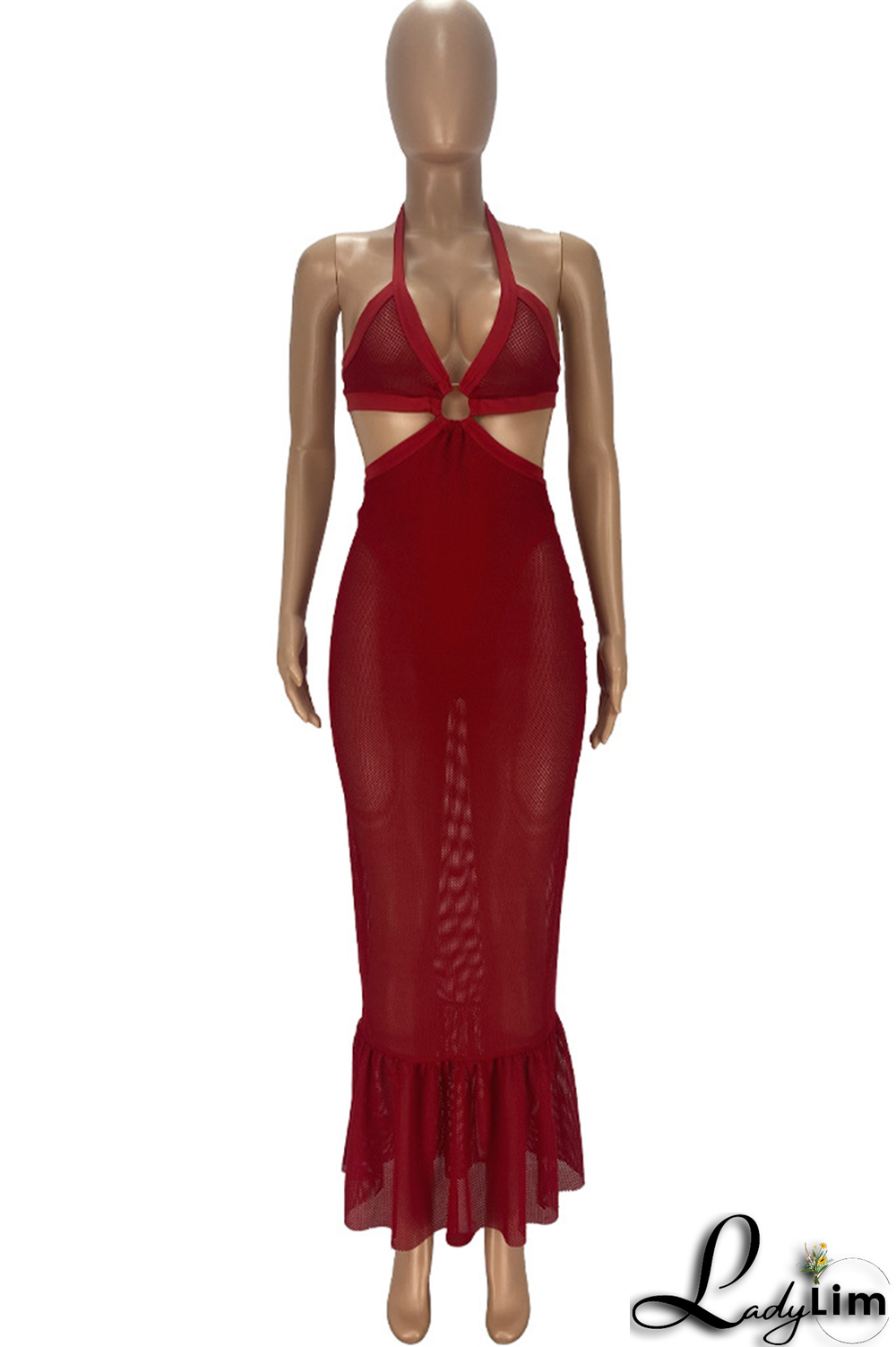 Red Sexy Solid Split Joint Halter Trumpet Mermaid Dresses