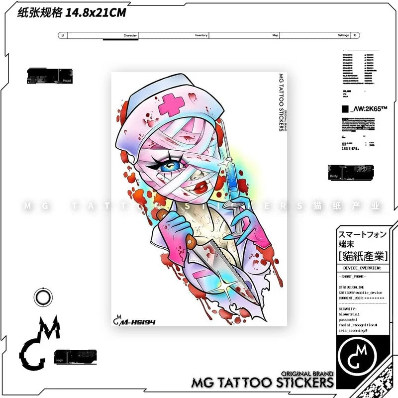 Dark Anime Nurse Girl Alternative Tattoo Stickers Waterproof Men and Women Tide Tattoo Stickers