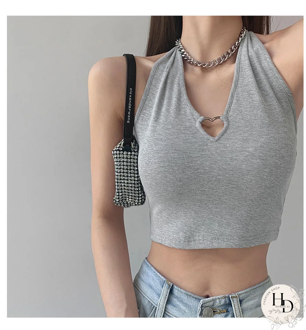 Summer Chic New Hot Girl Metal Heart Love Hollow Out Halter Sling Design Casual Outer Wear Sleeveless Navel Short Vest