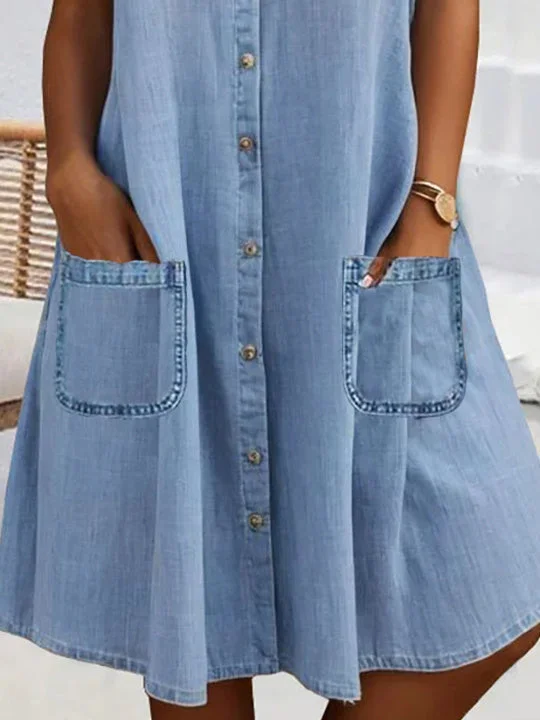 Women Half Sleeve V-neck Solid Color Dress