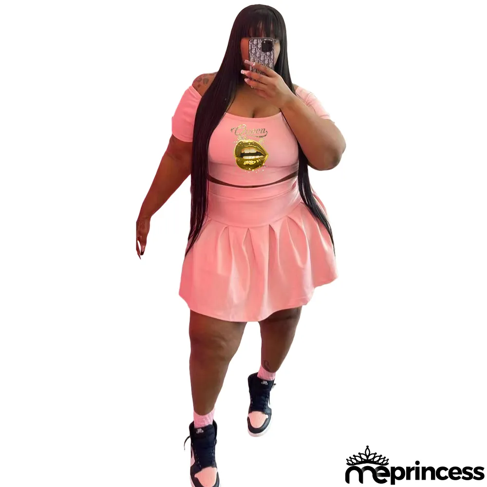 Fashion Plus Size Athleisure Pleated Skirt Two Piece Set