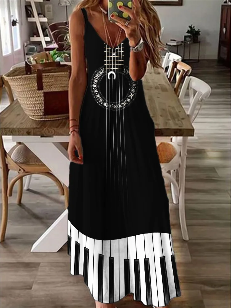 Guitar & Piano Inspired V Neck Cami Maxi Dress