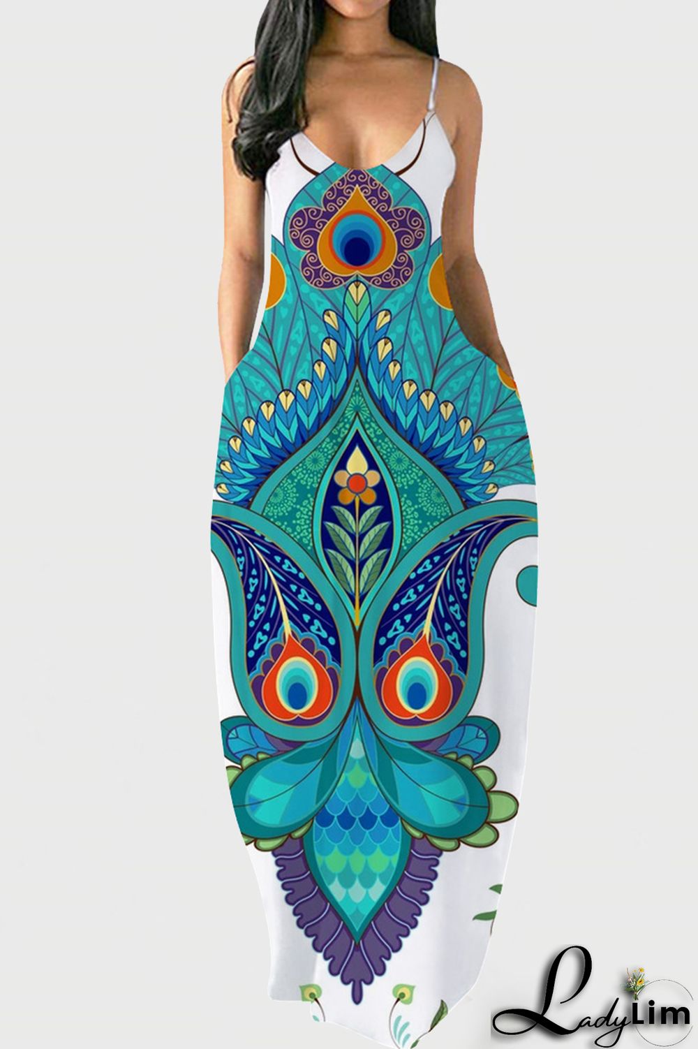 Tibetan Blue Fashion Sexy Print Backless Spaghetti Strap Long Dress