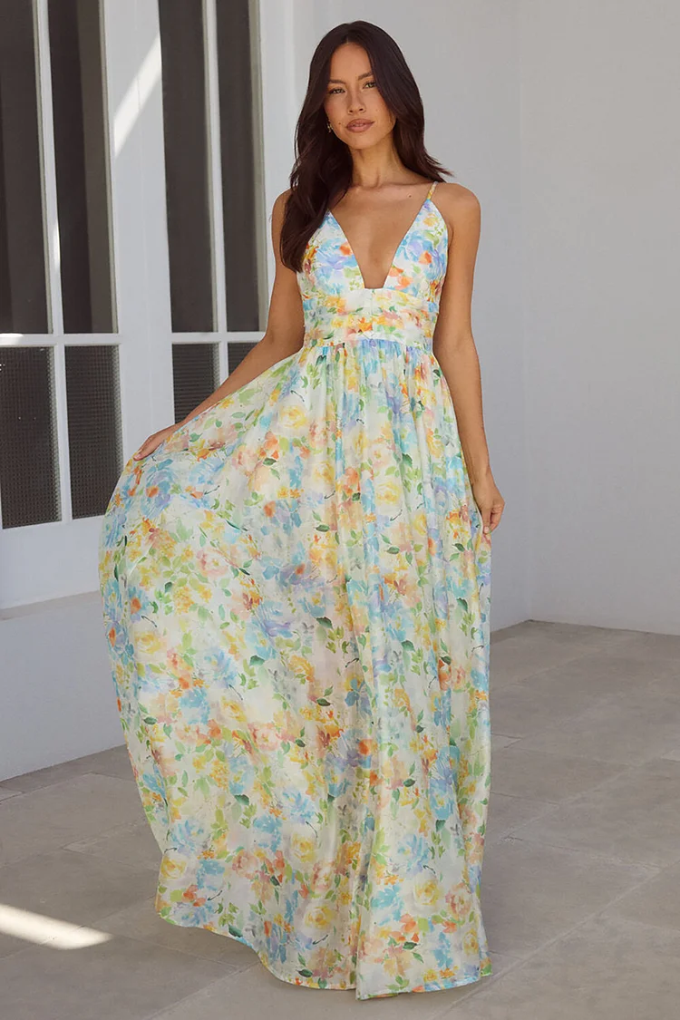Floral Print Deep V Neck Cinch Waist Strappy Maxi Dresses-Yellow [Pre Order]