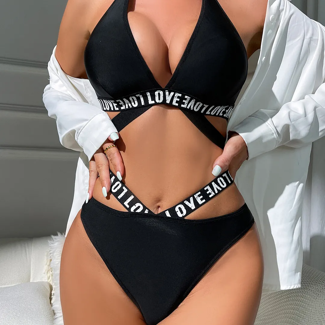 Churchf Sex Lingerie Sexy Women's Hollow Hanging Neck Bra Underwear Letter Sex Suit
