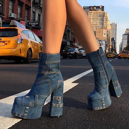 LIPIJIXI Women's Denim Print Short Boots - Slip On Block Heel Mid Calf Boots - View #6