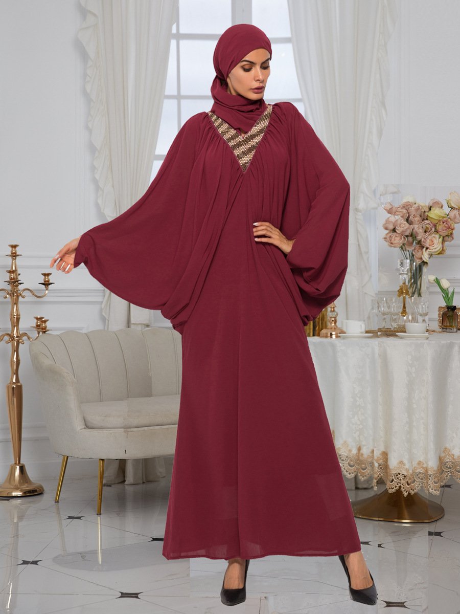 Chiffon Bat Sleeve Stripe V Neck Solid Color Middle East Dress (Headband Not Included) | Oxredo Shop Ramadan Sale
