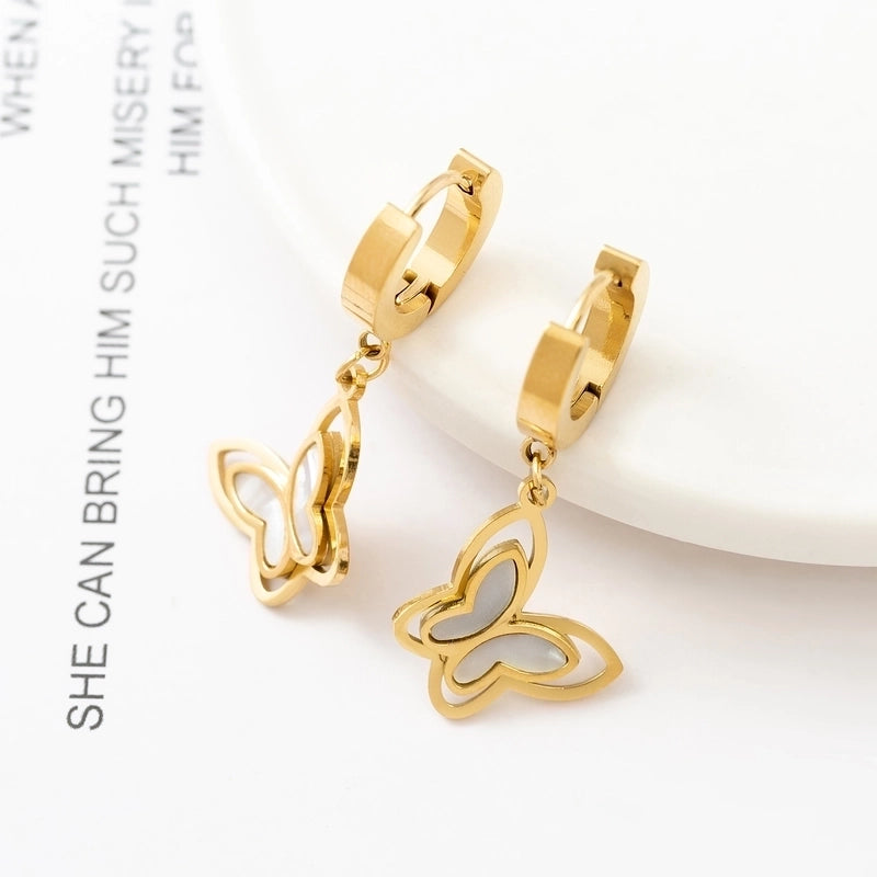 1 Pair Fashion Butterfly Polishing Plating Inlay Titanium Steel Shell Zircon Drop Earrings
