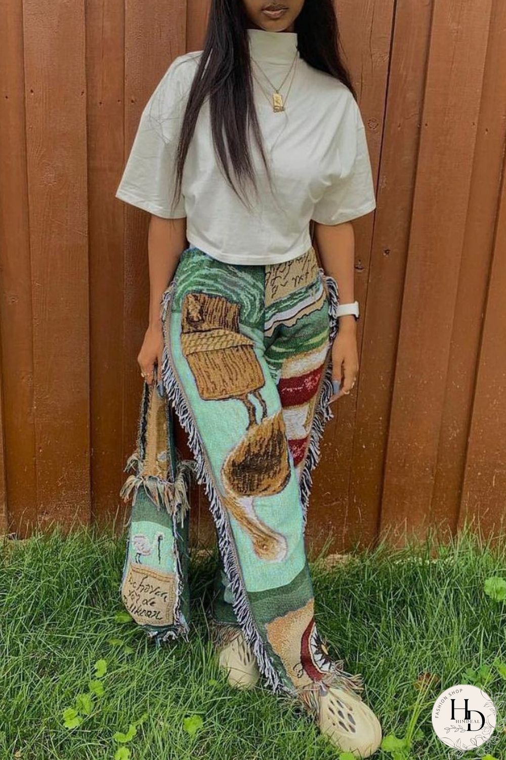 Sky Blue Casual Print Tassel Patchwork Regular High Waist Conventional Full Print Trousers