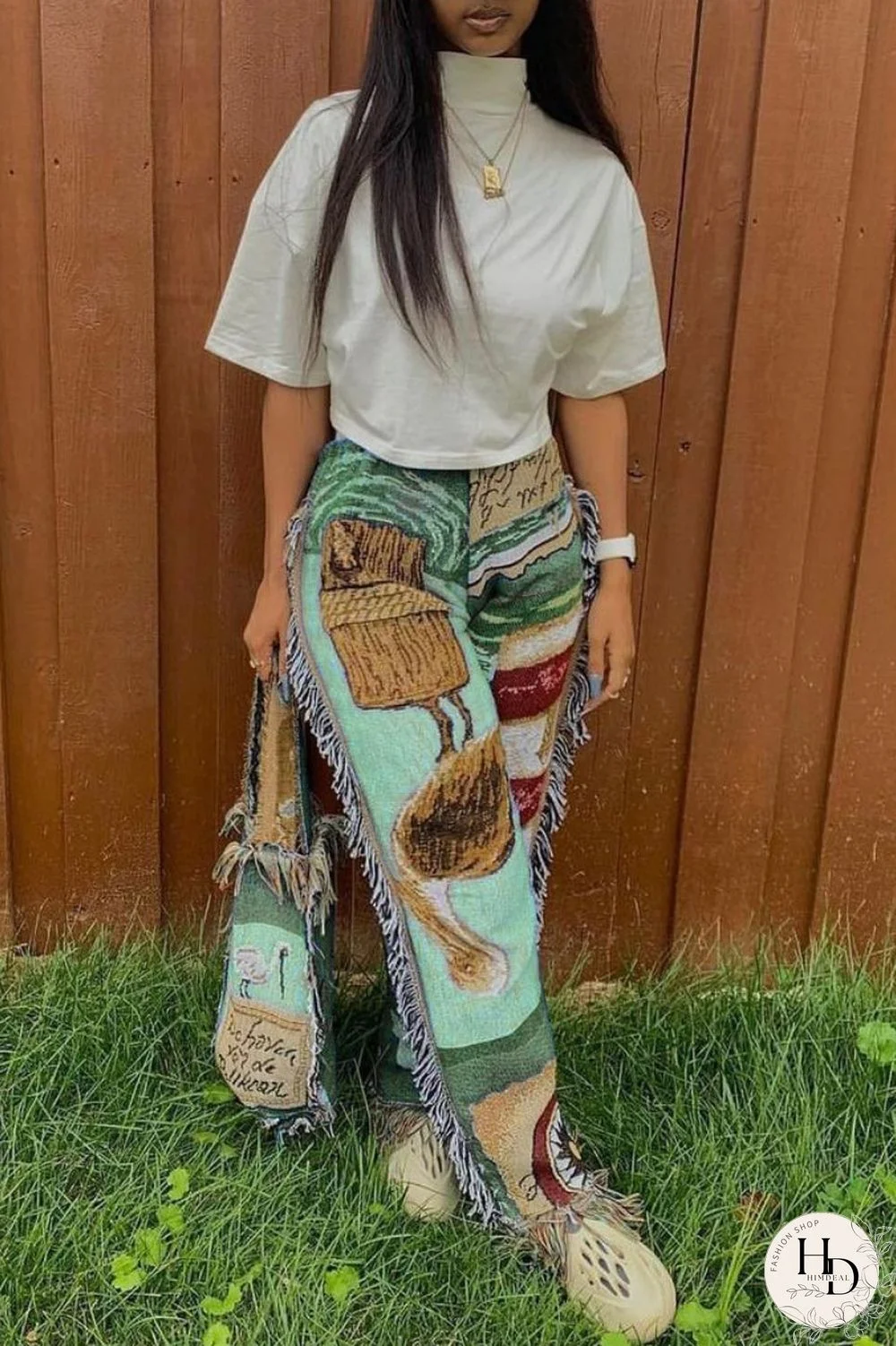 Sky Blue Casual Print Tassel Patchwork Regular High Waist Conventional Full Print Trousers
