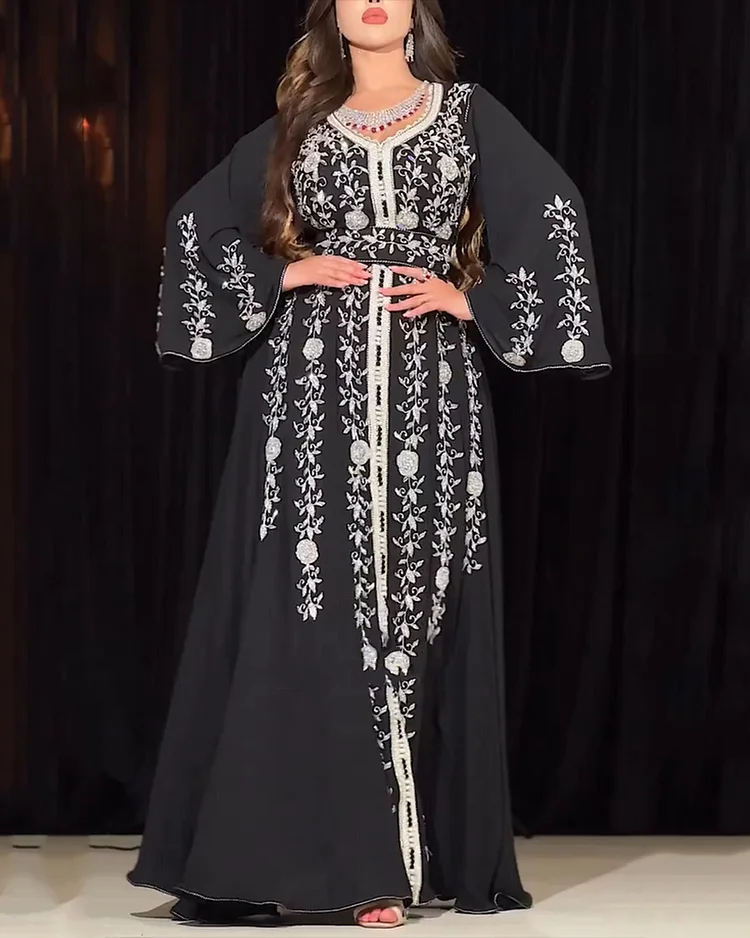 Women's Round Neck Long Sleeve Embroidered Kaftan Dress