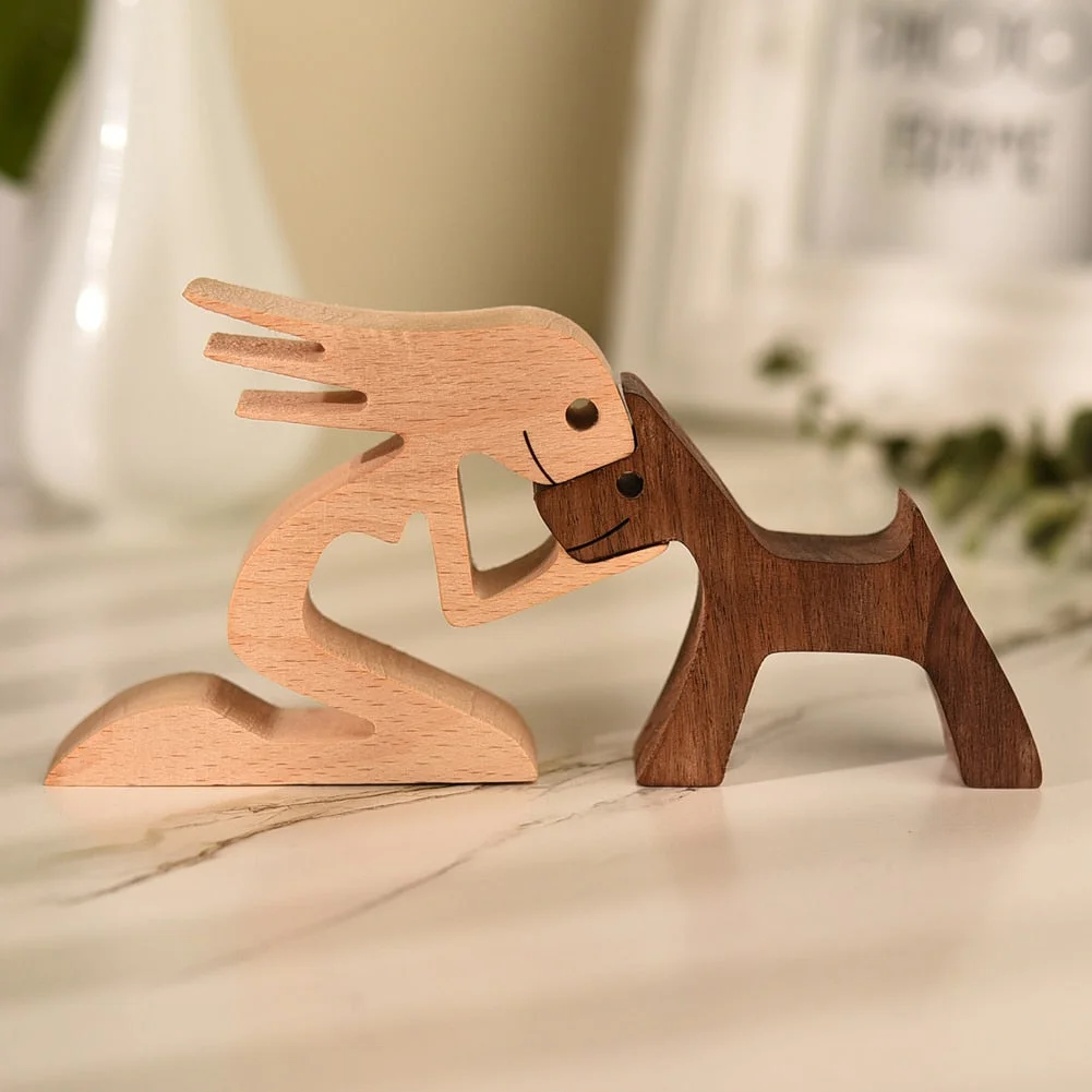 Family Puppy Wood Dog Craft Figurine Desktop Table Ornament Carving Model Creative Home Office Decoration Love Pet sculpture