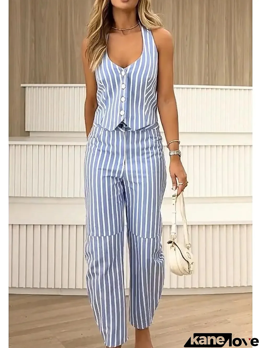 Women's Tank Top Pants Sets Striped Casual Holiday Blue Print Sleeveless Streetwear V Neck Regular Fit Fall & Winter