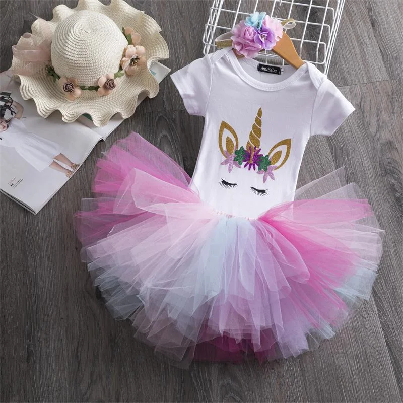 Little Girls Summer Dress Cute Newborn Baby Girl Clothes 1st Birthday Baby Bodysuit Romper+Ruffles Tutu Skirt +Headband Outfits