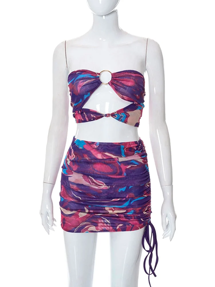 Two Piece Set Women Print Tracksuits Sexy Strapless Cut Out Tube Top+High Waist Drawstring Ruched Mini Skirt Outfits 2022 Summer
