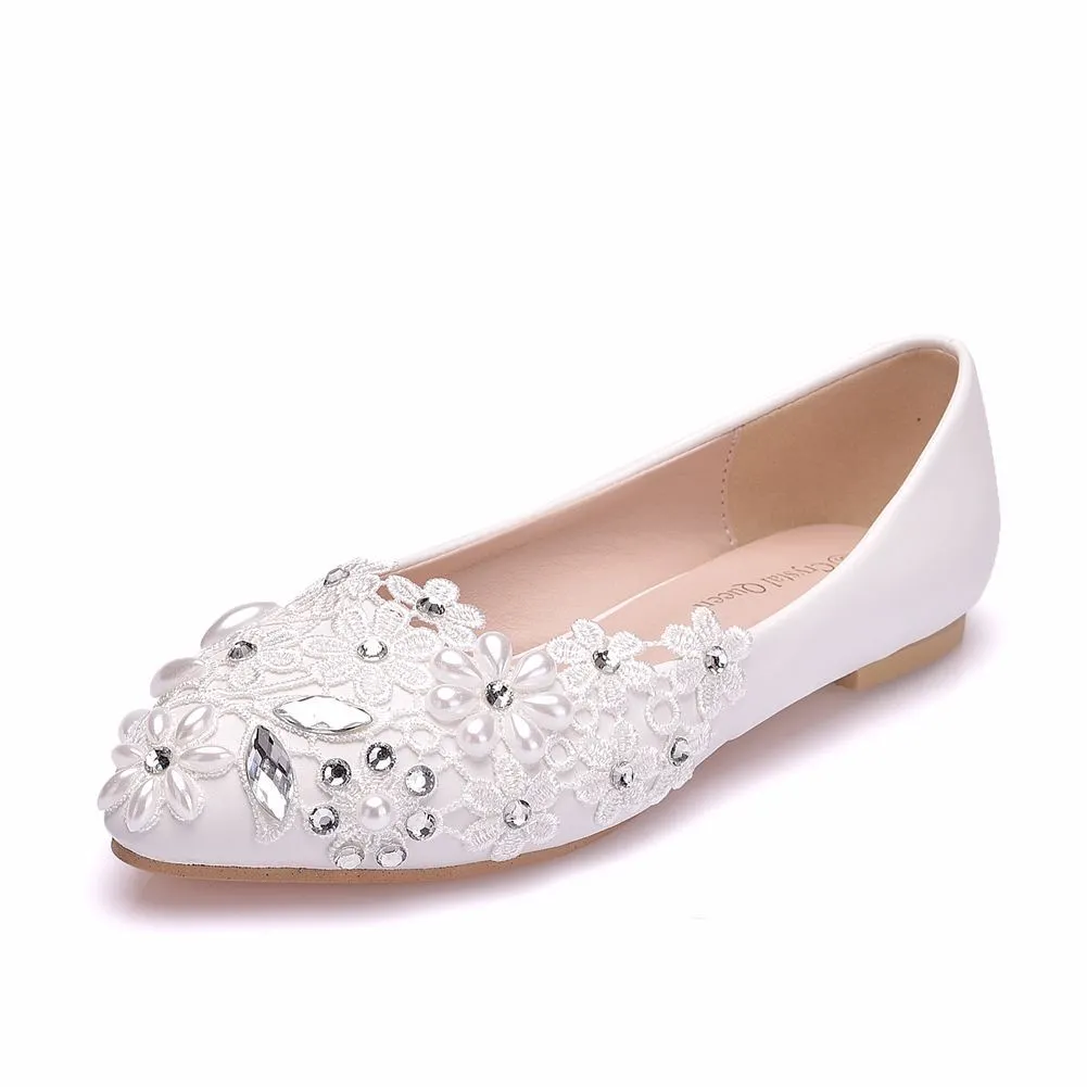Breakj Breakj Flat-Bottomed Tip Diamond Lace Wedding Shoes Bridal Shoes Dancing Bridesmaid Shoes Comfortable Flat Heel Single Shoes