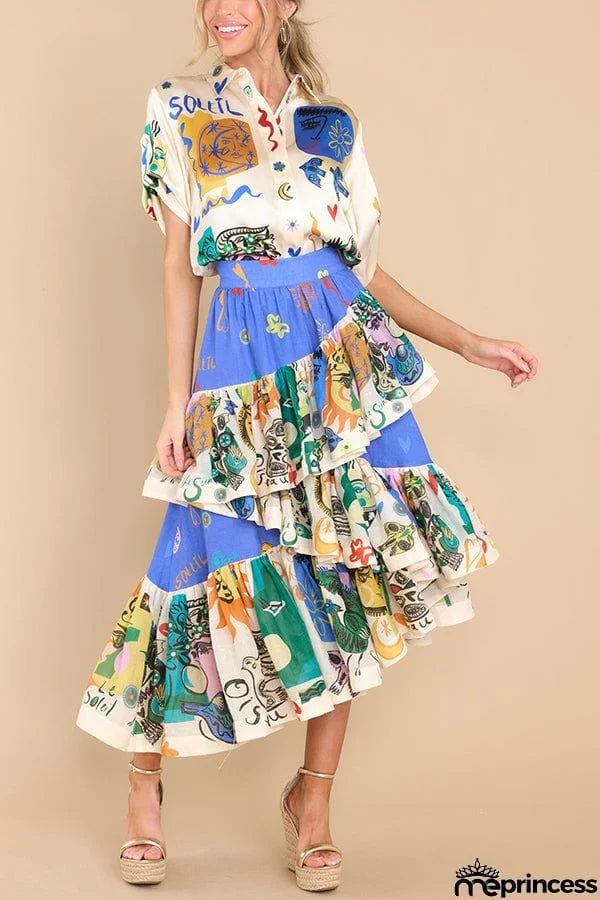 Sandy Sunshine Unique Print Irregular Ruffles Tiered Midi Skirt