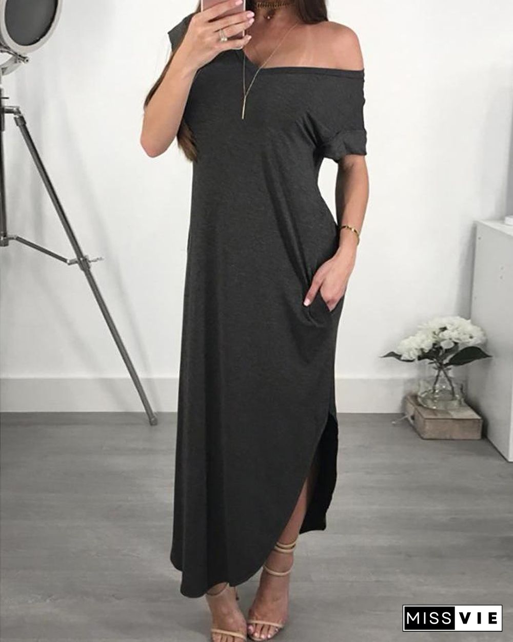 Solid Off Shoulder Slit Irregular Maxi Dress P15227