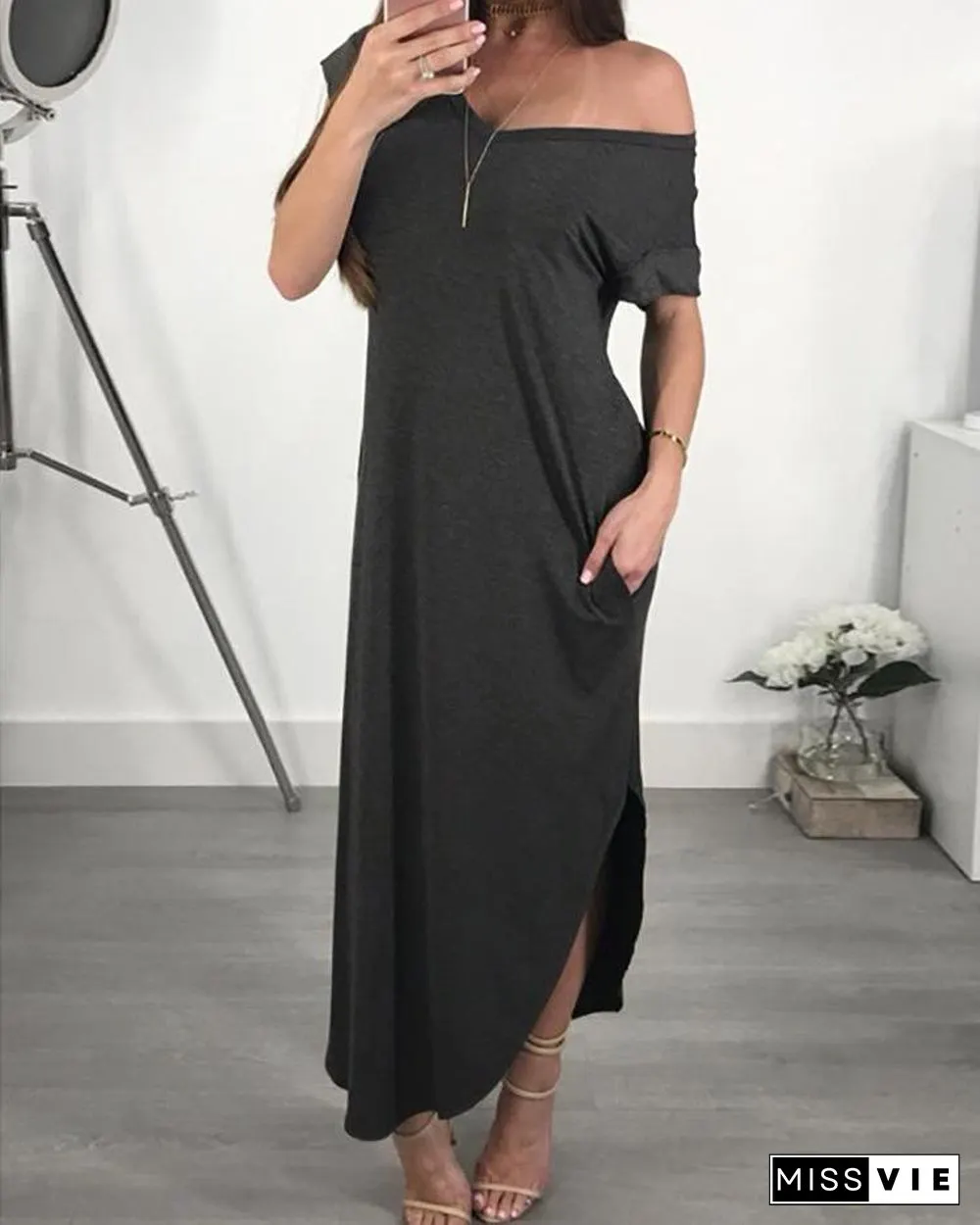 Solid Off Shoulder Slit Irregular Maxi Dress P15227