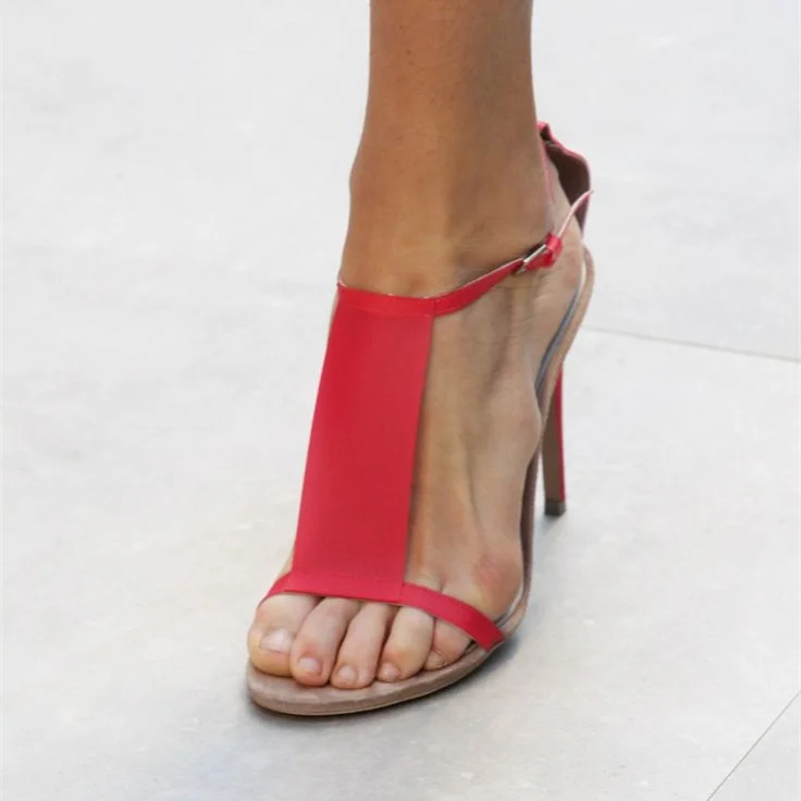 Women's Red T-strap Sandals Open Toe Stiletto Heels Summer Sandals |FSJ Shoes
