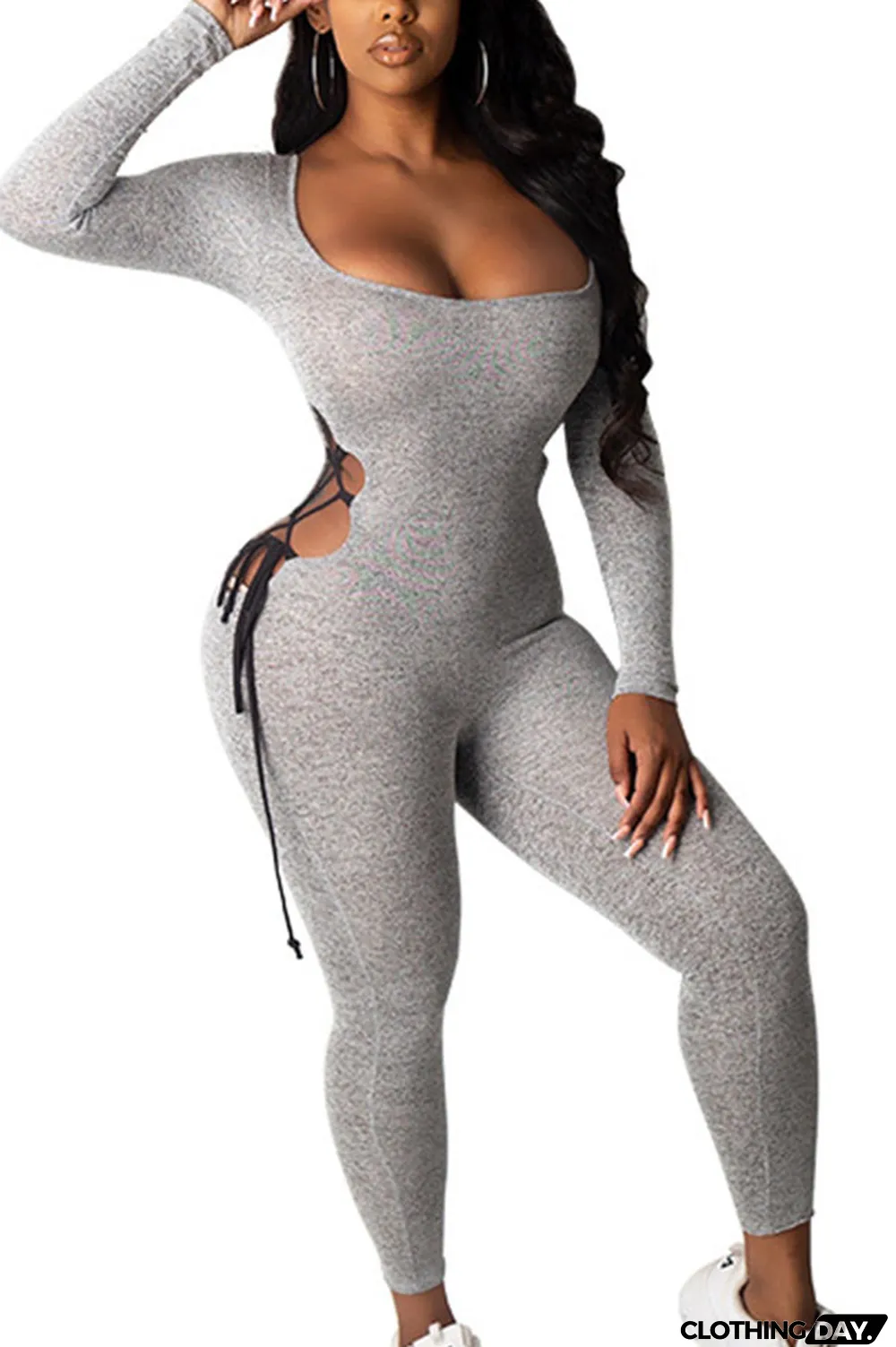 Grey Sexy Polyester Milk Fiber Solid Hollowed Out Frenulum U Neck Skinny Jumpsuits