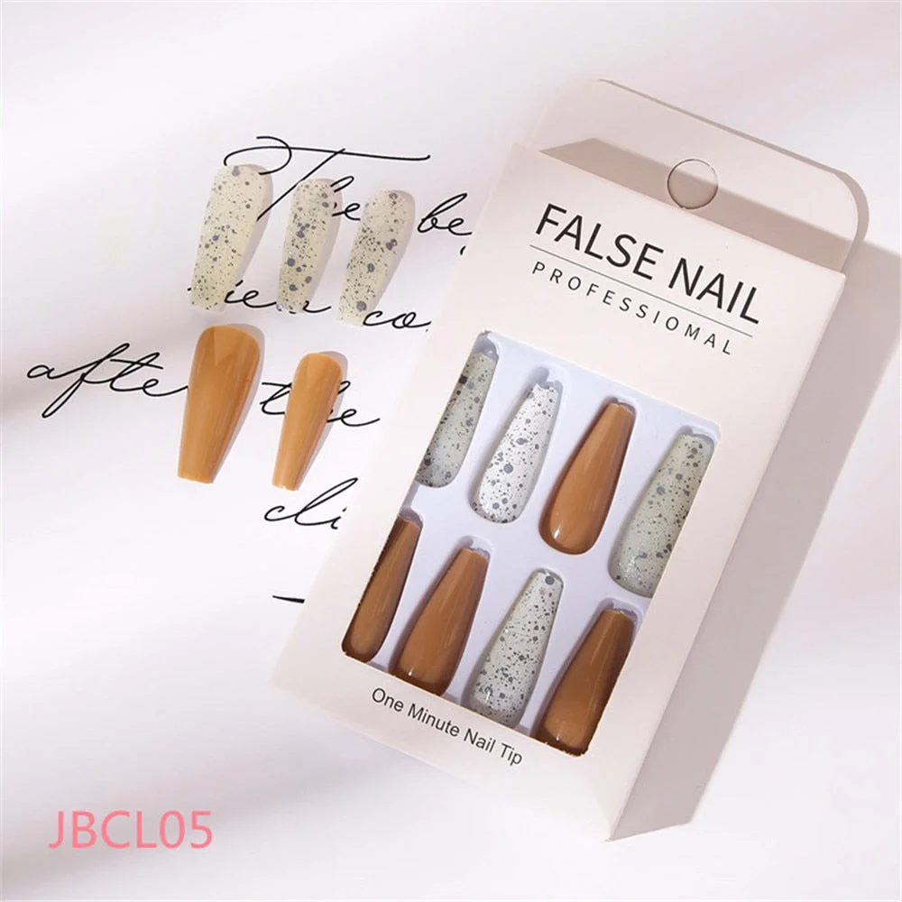24 Pcs Long Design Ballet Coffin Fake Nails Sequins False Nail Artificial Plastic Press On False Nail Tips Manicure Nail Art
