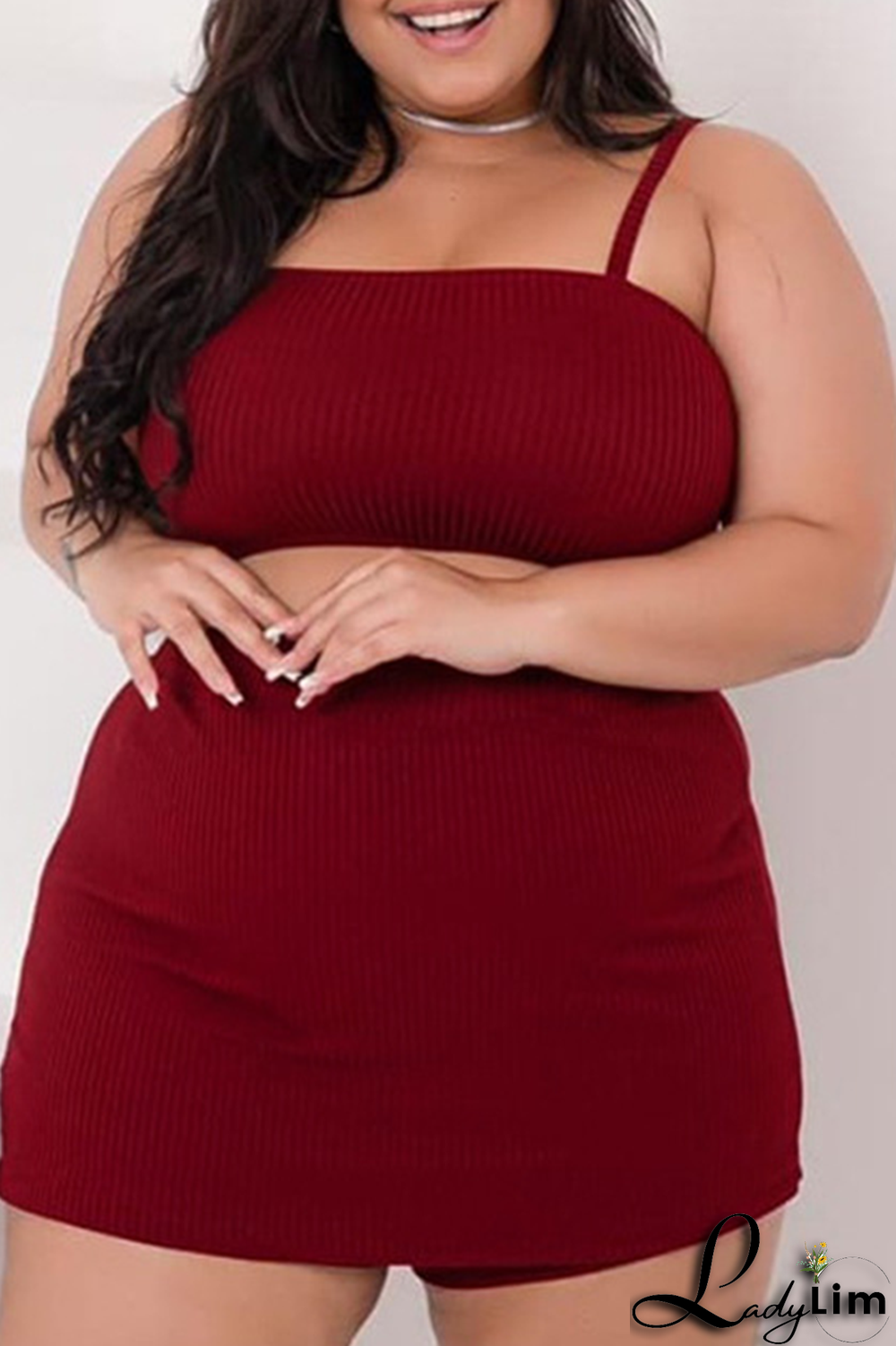 Black Fashion Solid Patchwork Spaghetti Strap Plus Size Two Pieces