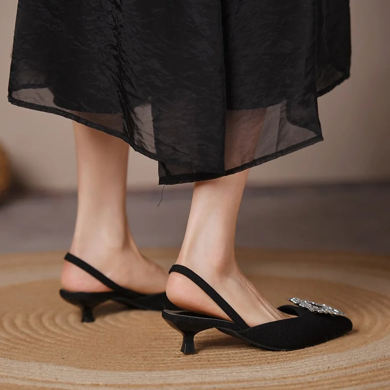 Summer New Style Fashion Women's Shoes Black Satin Crystal Strass Pointy Toe Stiletto Stripper Slingback High Heels Sandals