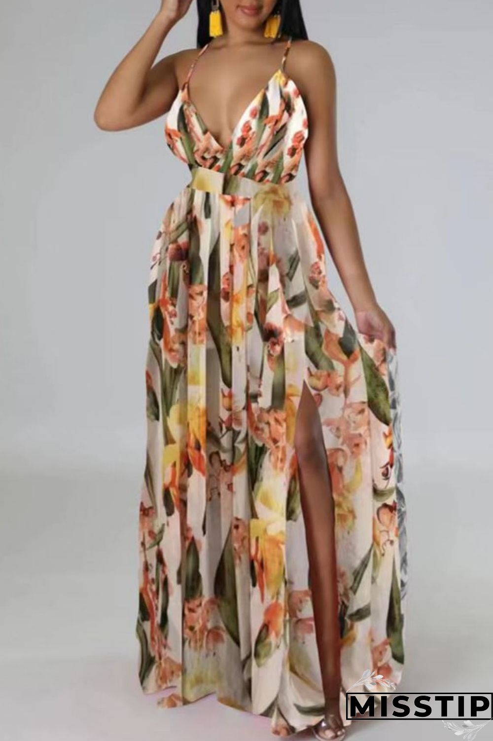 Multi-color Sexy Casual Print Backless Slit Spaghetti Strap Long Dress Dresses