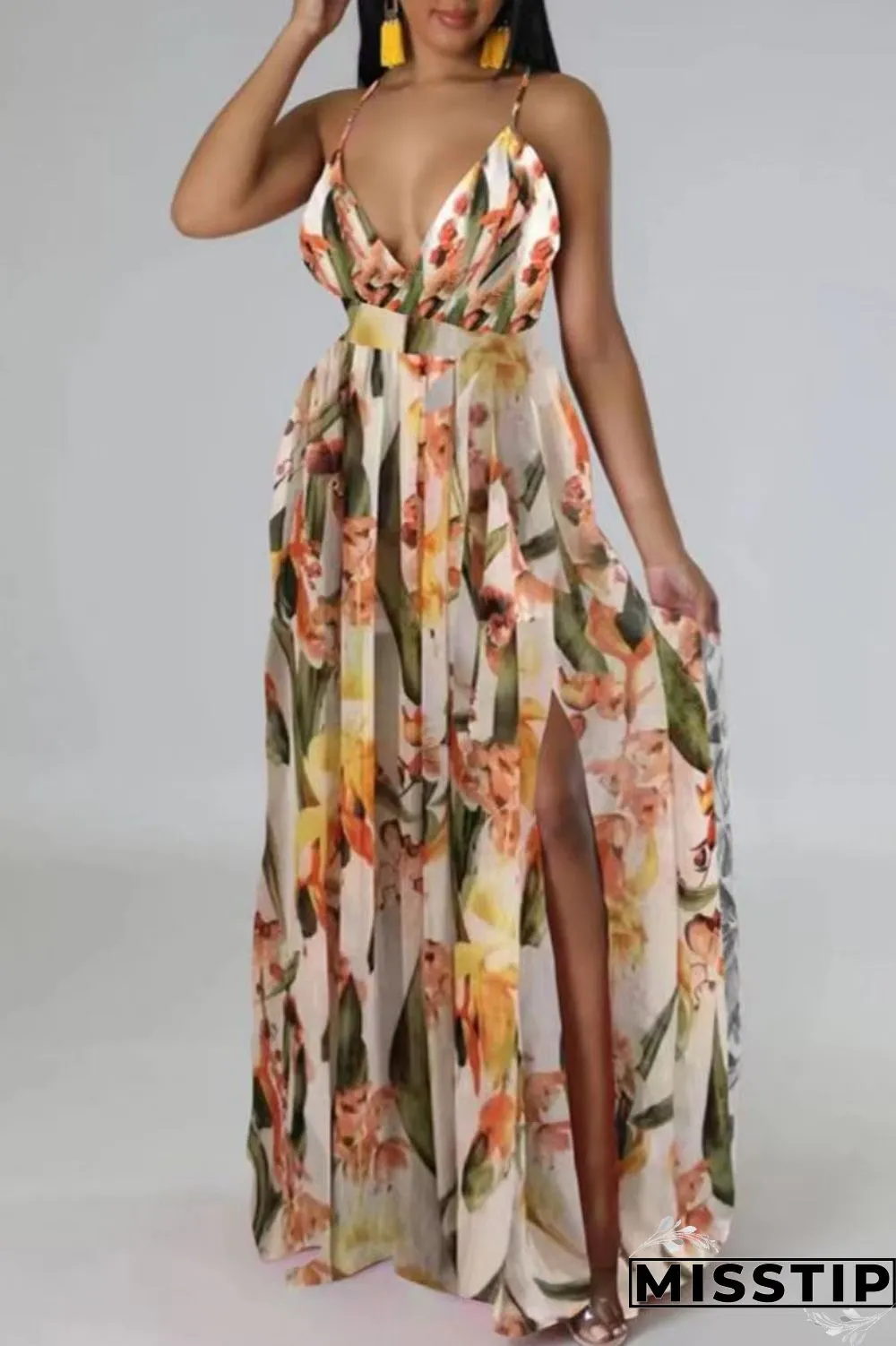 Multi-color Sexy Casual Print Backless Slit Spaghetti Strap Long Dress Dresses