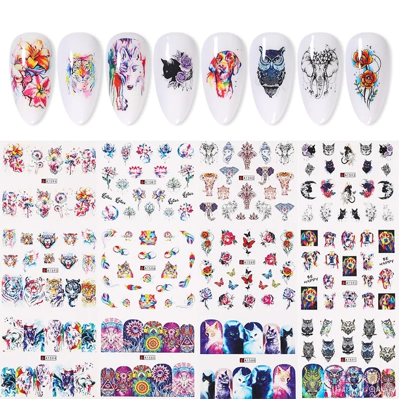12 Designs Nail Stickers Set Mixed Floral Geometric Nail Art Water Transfer Decals Sliders Flower Leaves Manicures Decoration-Nail Inspo