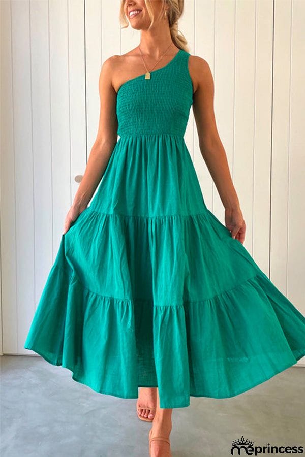 One Shoulder Sleeveless Smocked Ruffle Tiered Maxi Dress